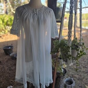 Shadowline Blue Sheer Chiffon Peignoir Robe Lace Bridal Bed Jacket Size Small